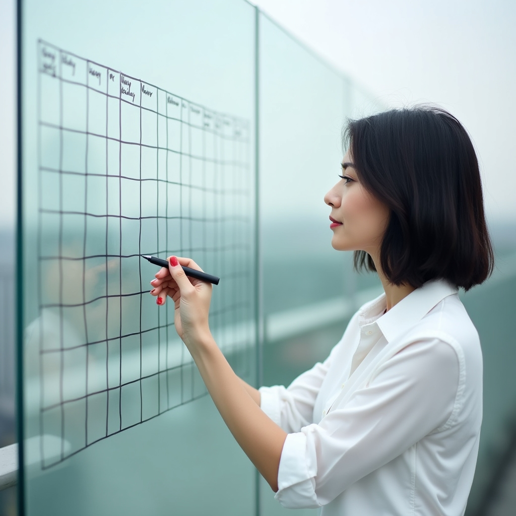 Person writing a content calendar on a glass board during an outdoor planning session