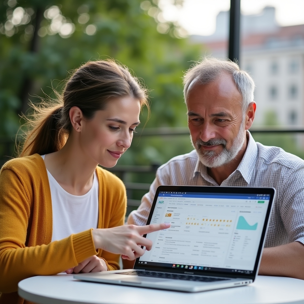Two people reviewing a Google Business Profile dashboard on a laptop at an outdoor table