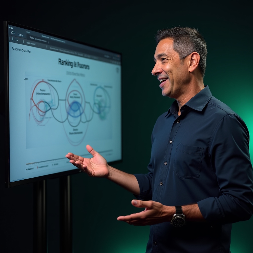 Presenter gesturing toward a screen showing a ranking factors diagram during a session